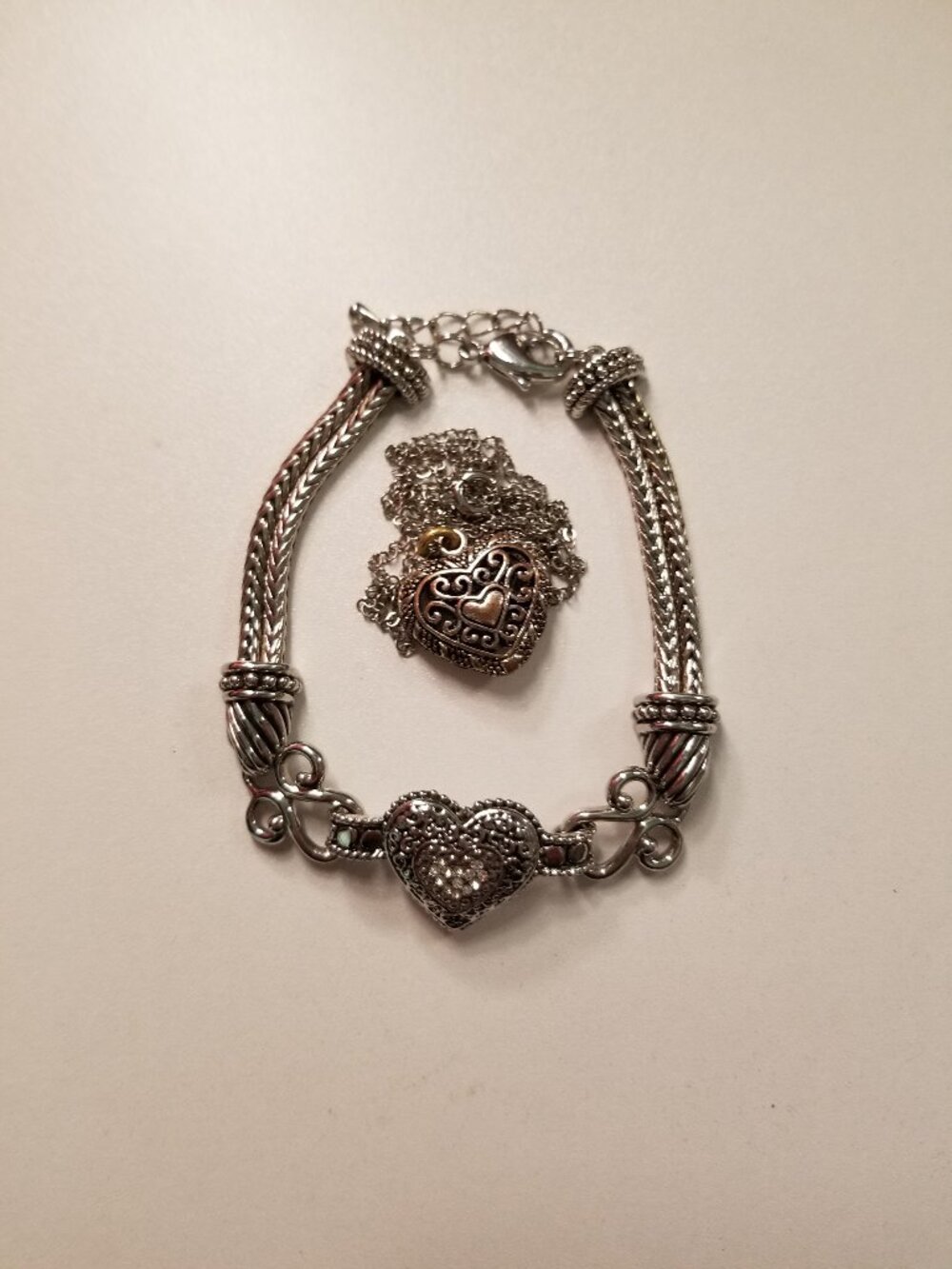 Rare: Heart-Shaped Charm Snake-Chain Bracelet with Similar Heart-Shaped Necklace